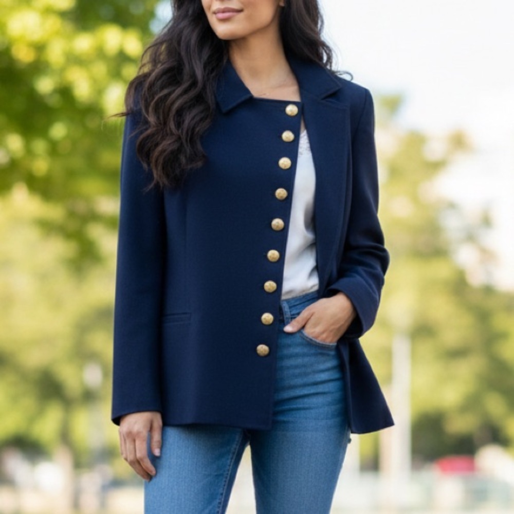 Vintage Lauren Ralph Lauren Asymmetrical Gold Button Wool Blazer Navy | 12 RARE - Picture 5 of 10